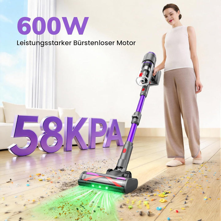 Akku Staubsauger, 600W/58kPa/75Min, Staubsauger Kabellos mit Mini Turbo Milbenbürste und Ladestation