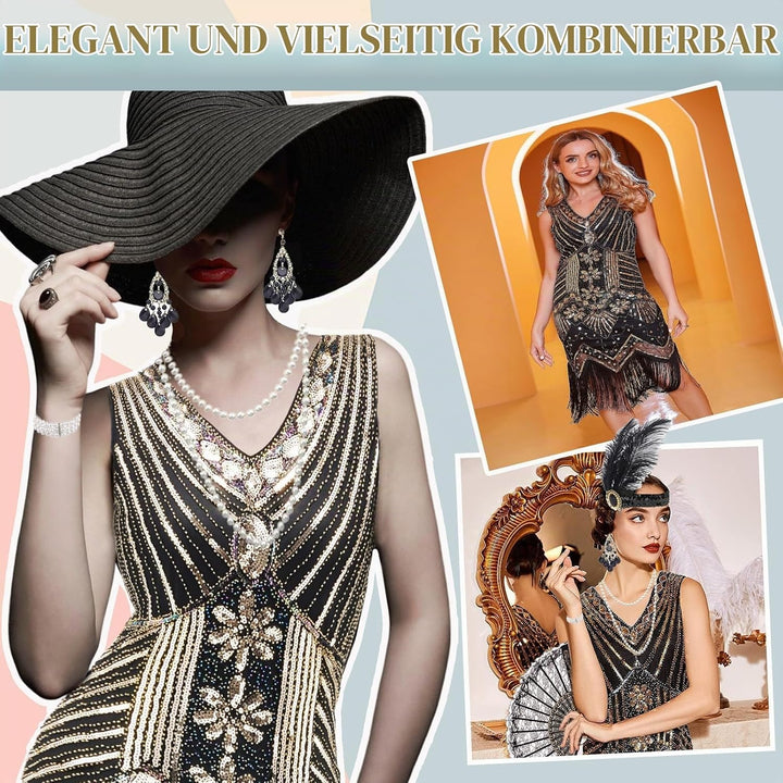 12 Stück 1920er Charleston Kleid Jahre V-Ausschnitt Pailletten Perlen Fransen Kleid mit 20er Jahre A