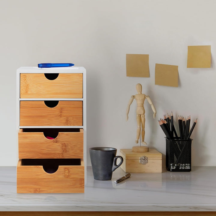Relaxdays Schubladenbox, Bambus, 4 Schubladen, HxBxT: 27,5 x 16,5 x 21 cm, Schreibtisch Organizer, B