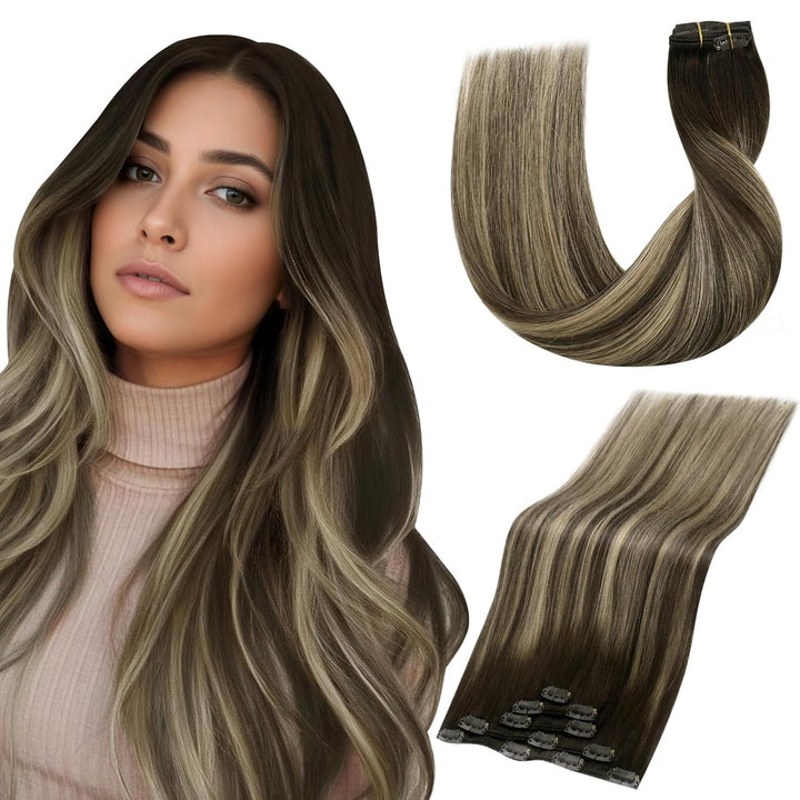 Vivien Haar Extensions Echthaar Clips Ombre Braun 55 cm Remy Haarverlängerungen Echthaar Clip in Bra