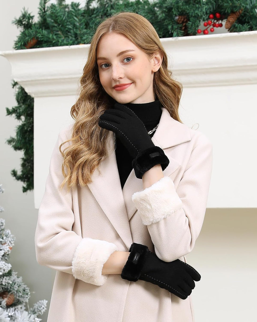 ZASFOU Damen Winter Touchscreen Handschuhe mit Thermo Fleecefutter, Warme und Dick Wolle Schwarz L,