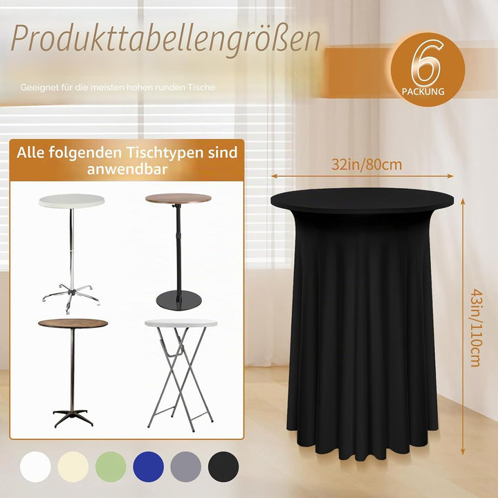6 Packs Spandex Cocktail Tischdecke mit Röcken 80 x 110cm, schwarzer Stretch Cocktail Tisch für hohe