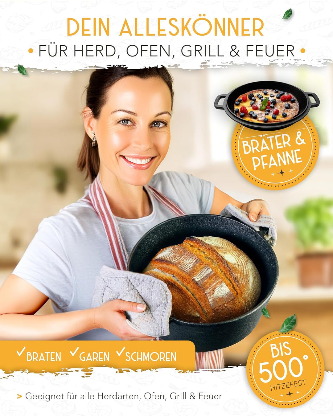 KRUSTENZAUBER Gusseisen Topf Brot Backen im XXL Set - Brotbackform mit Deckel inkl. Gärkorb, Schneeb