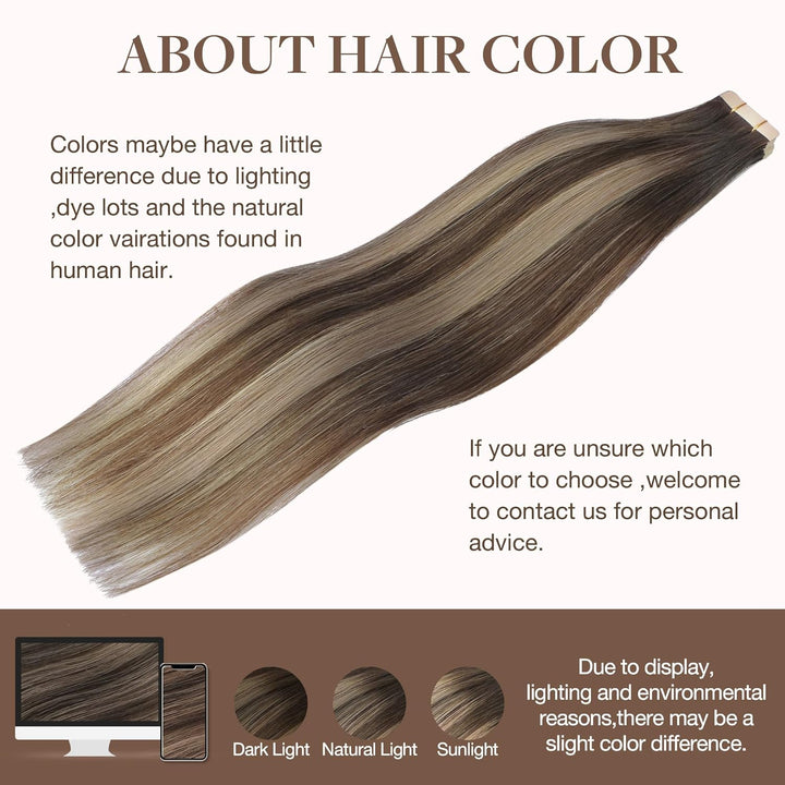 GOO GOO Tape in Extensions Echthaar, Balayage Schokoladenbraun Gemischter Honig Blond 20pcs 50g 35cm