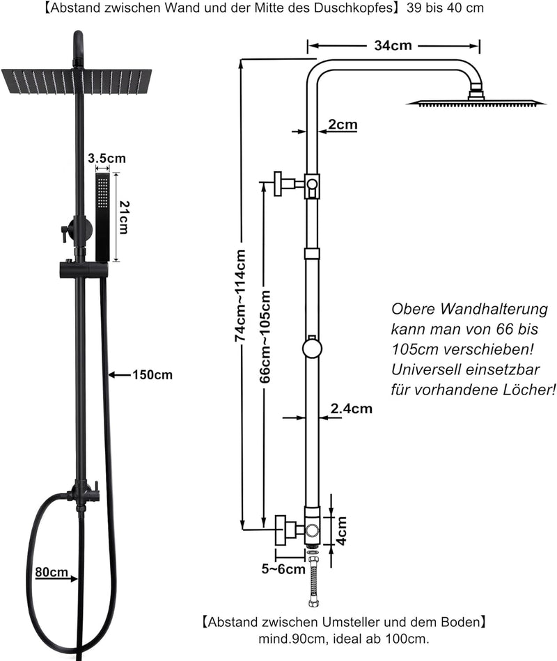 JOHO XXL EdelstahlDuschset Duschsystem Duschstange mit Kopfbrause 30x30cm Matt schwarz 3030MB, 3030M