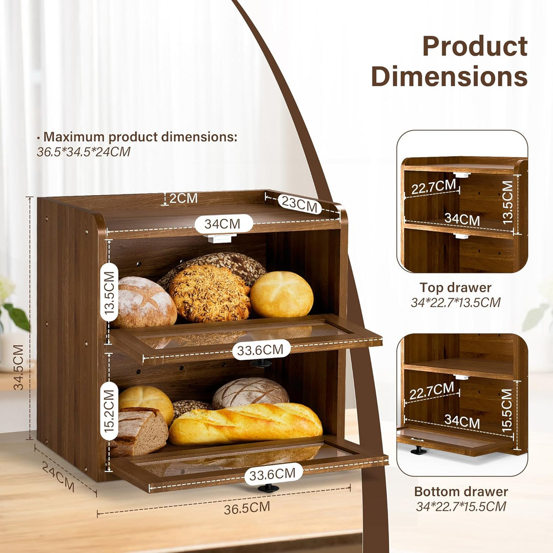 Brotkasten Holz 2 Etagen – Grosser Brotkasten aus massivem Kiefernholz mit Magnetverschluss &amp; Doppel