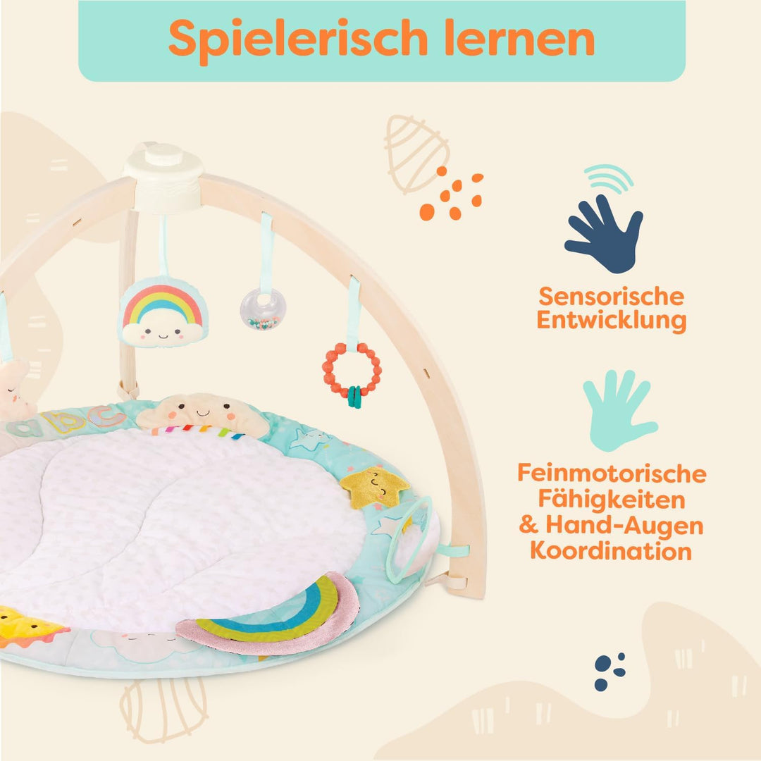 B. baby – Spielbogen Baby aus Holz – Weiche Krabbeldecke – mit Sensorik Spielzeug zum Aufhängen – Sp