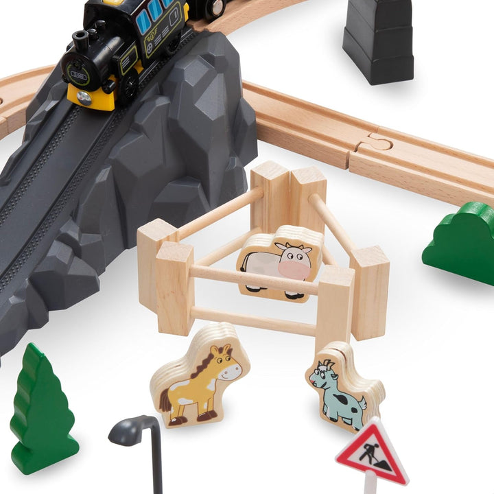 Mamabrum Holzeisenbahn Batteriezug Set - Stadt mit Flugterminal, Kran, Züge, Figuren, Spuren & Leuc