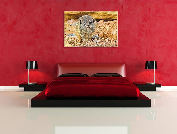 junges Erdmännchen zwischen Steinen Deluxe Format: 120x80 cm auf Leinwand, XXL riesige Bilder fertig