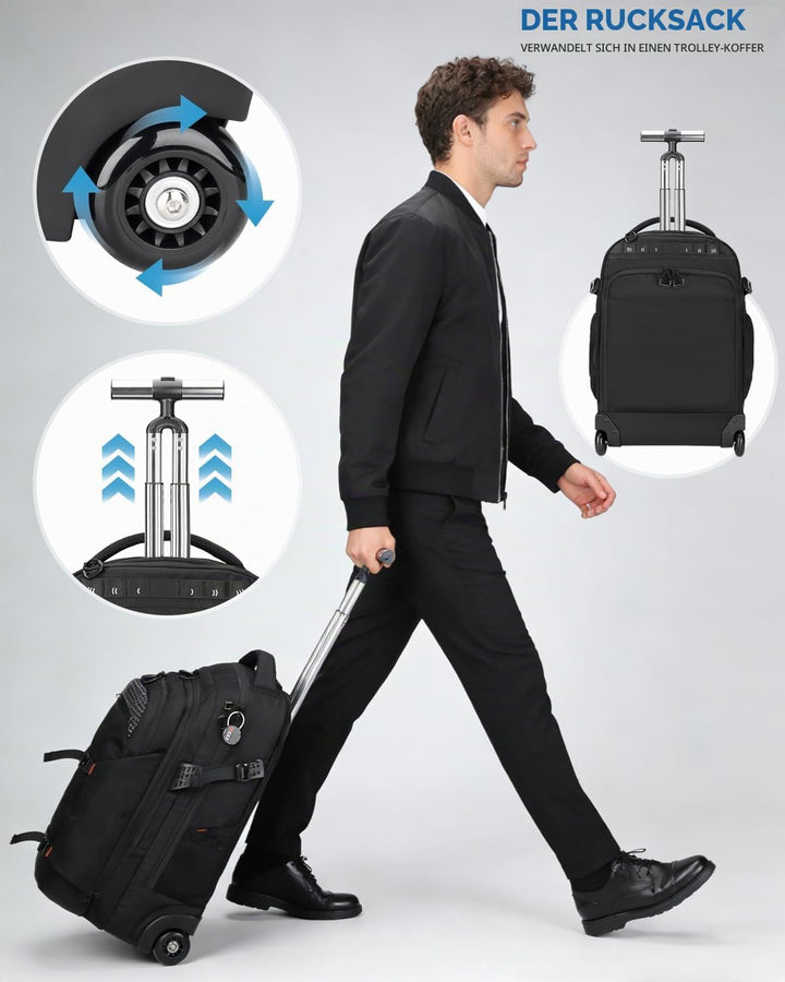 Rucksack mit Rollen 2 in 1 Abnehmbarer Rollrucksack Handgepäck– Wasserabweisend Rucksack Trolley mit