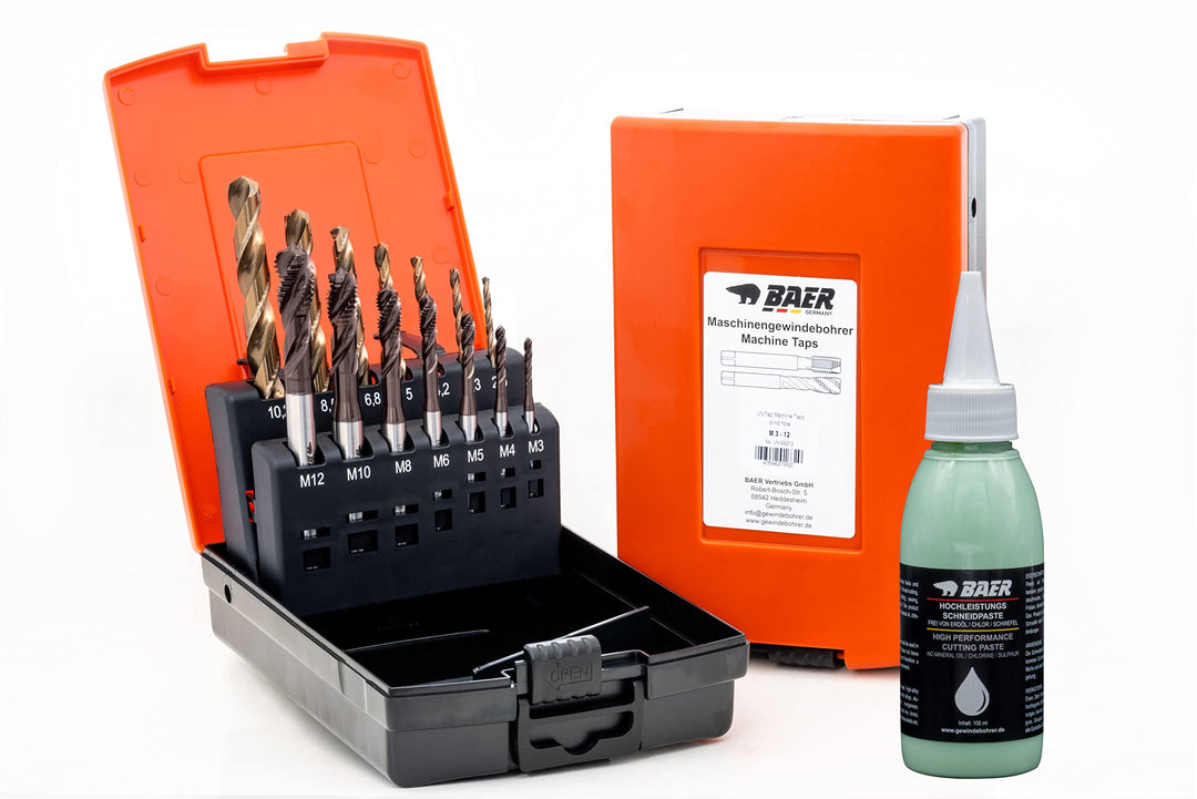 BaerCoil BAER UniTap Gewindeschneider Set Profi HSSE plus Bohrpaste: Gewindebohrer Sackloch - Kernlo
