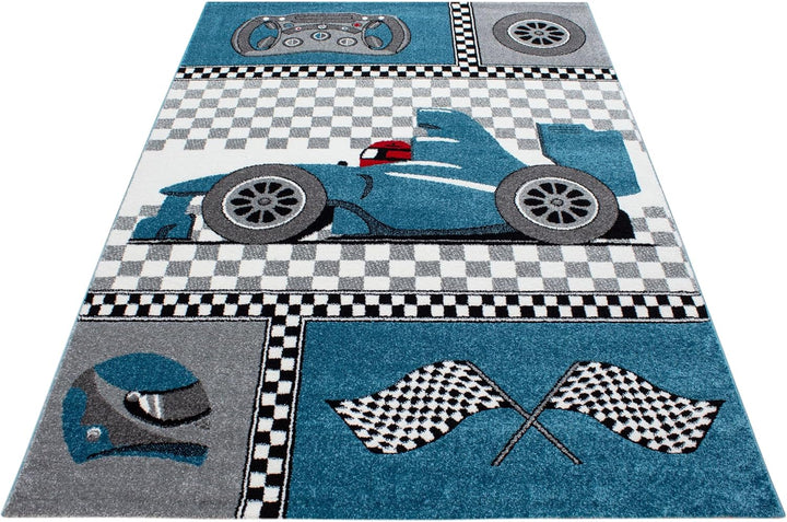 Teppium Kinderteppich für Jungen und Mädchen Rennwagen Muster 80 x 150 cm Blau - Kurzflor Waschbarer