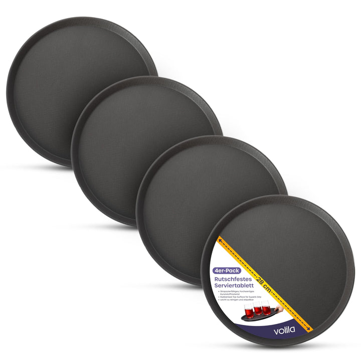 volila Rutschfestes Schwarzes Tablett Serviertablett Rund (4 STK. à 28 cm) - Rundes Tablett Ideal al
