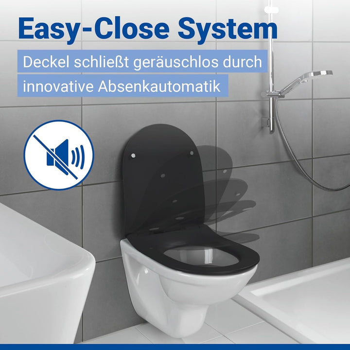 WENKO WC-Sitz Sedilo matt Schwarz, flacher Toilettensitz mit Absenkautomatik, hygienischer WC-Deckel
