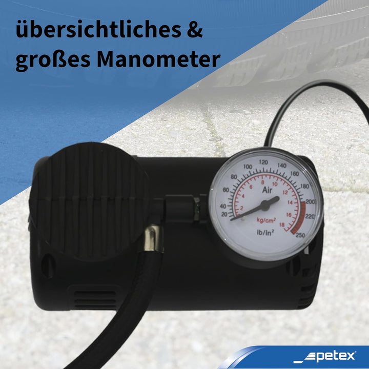 PETEX 445100 Reifenpannenset inklusive Luftkompressor 12V, 18 bar, inklusive 3-Teilig Adapterset und