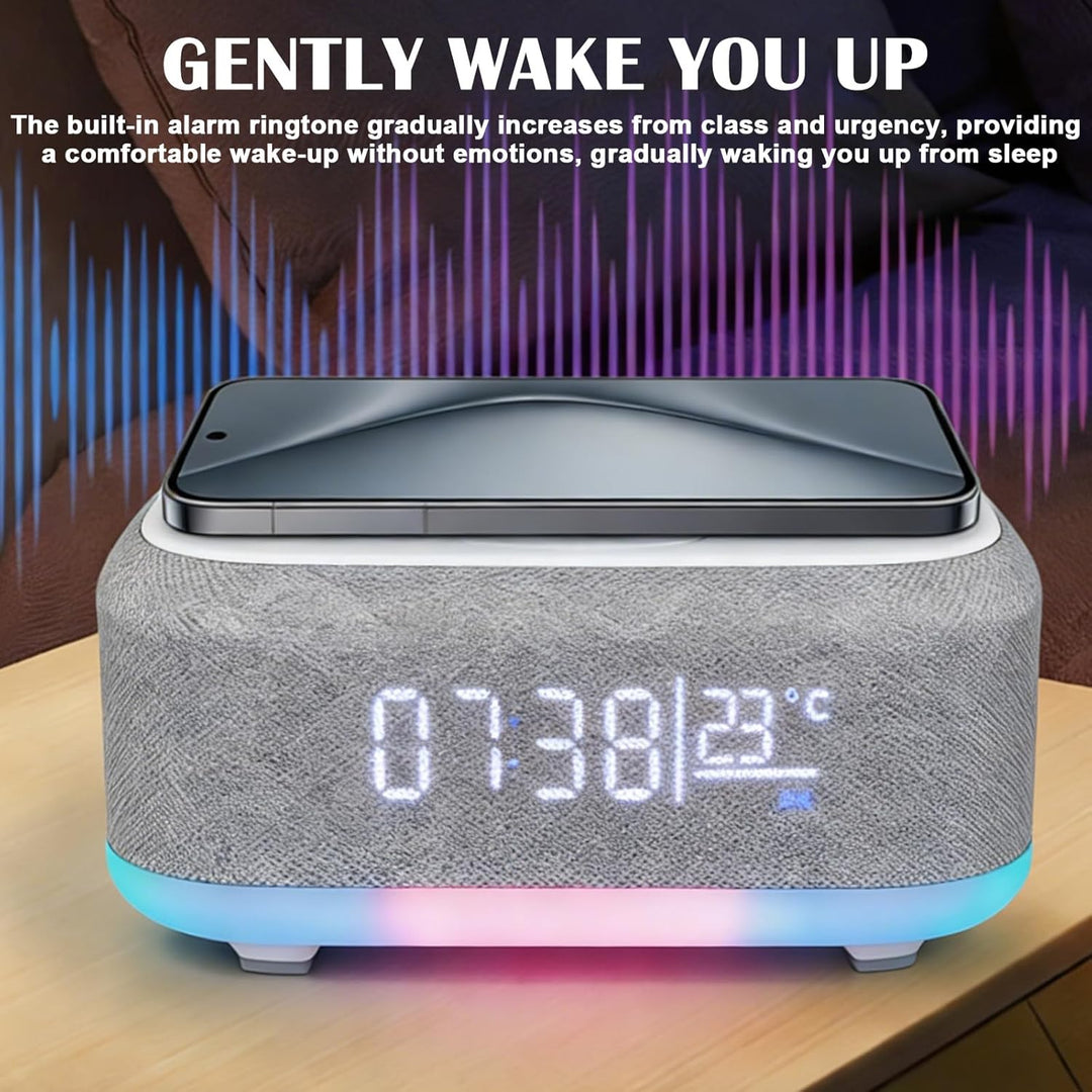 GBKDQQ Digitaler Radiowecker mit Kabelloser Ladestation, 15W Fast Wireless Charger, Bluetooth Wecker