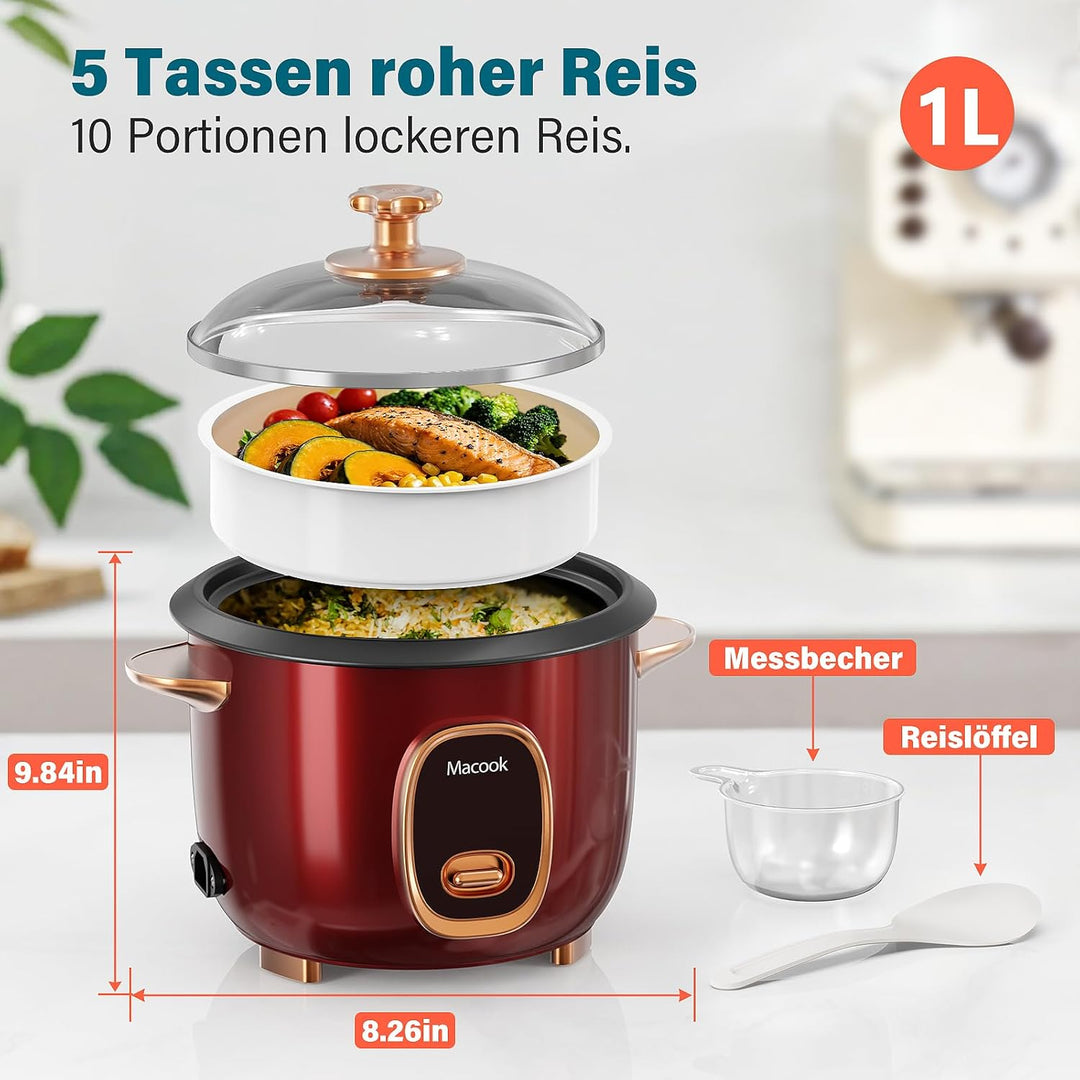 Reiskocher und Dampfgarer, (1 Liter, 8 Tassen gekocht) für 4-5 Personen, Multifunktional Antihaft-Pf