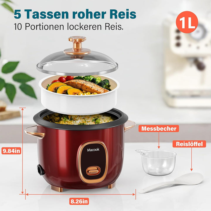Reiskocher und Dampfgarer, (1 Liter, 8 Tassen gekocht) für 4-5 Personen, Multifunktional Antihaft-Pf