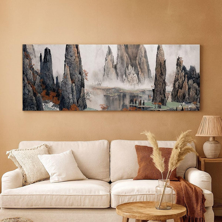 Wandbilder Dekoration Wohnzimmer Berge Märchen Nebel Panorama Bilder auf Leinwand 120x50cm Leinwandb
