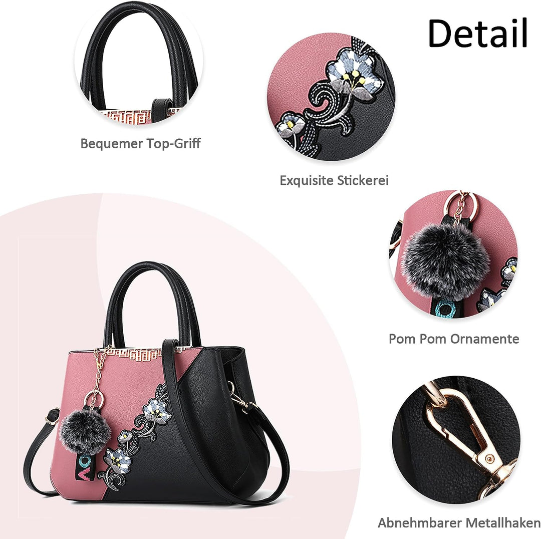 Damen Handtasche Mode Stickdesign Schultertasche Grosse Kapazität Umhängetasche Casual Reise Handtas