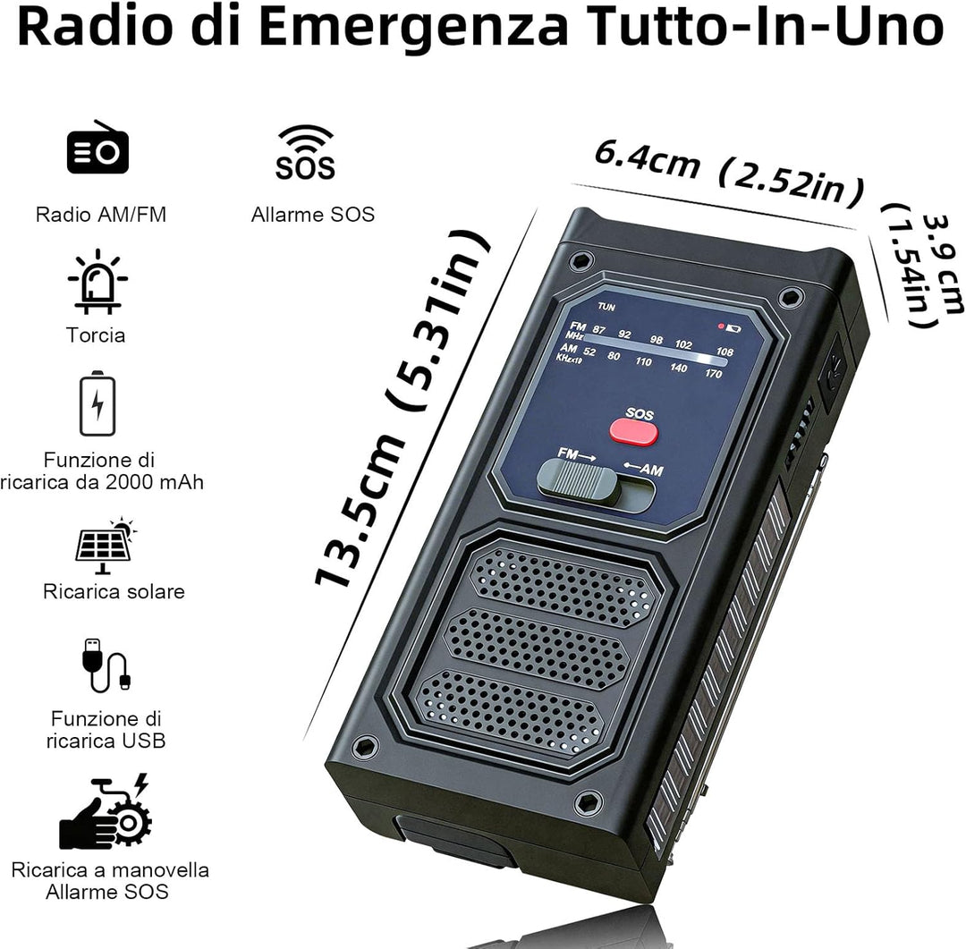 Notfall-Solarradio, Tragbare Kurbelradio mit SOS-Alarm, LED-Taschenlampe, AM/FM Notfallradio mit 200