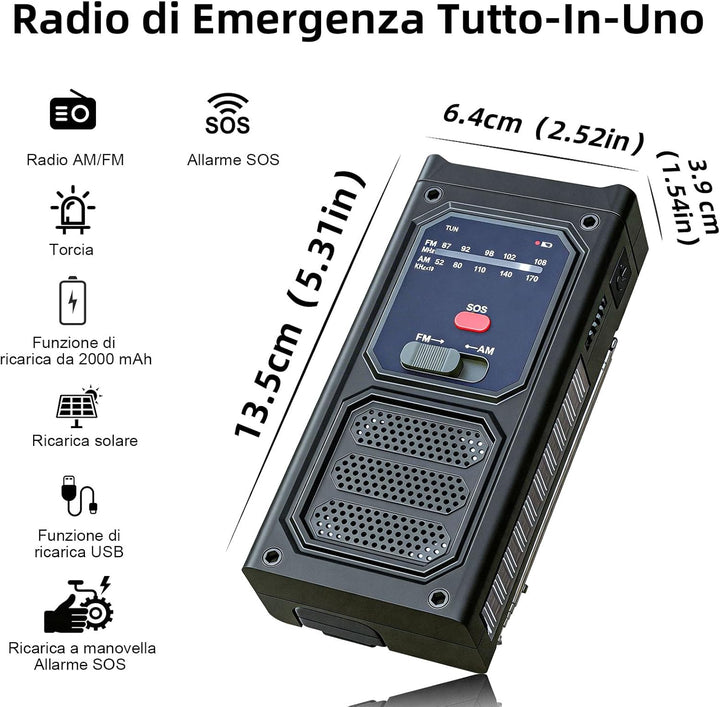 Notfall-Solarradio, Tragbare Kurbelradio mit SOS-Alarm, LED-Taschenlampe, AM/FM Notfallradio mit 200