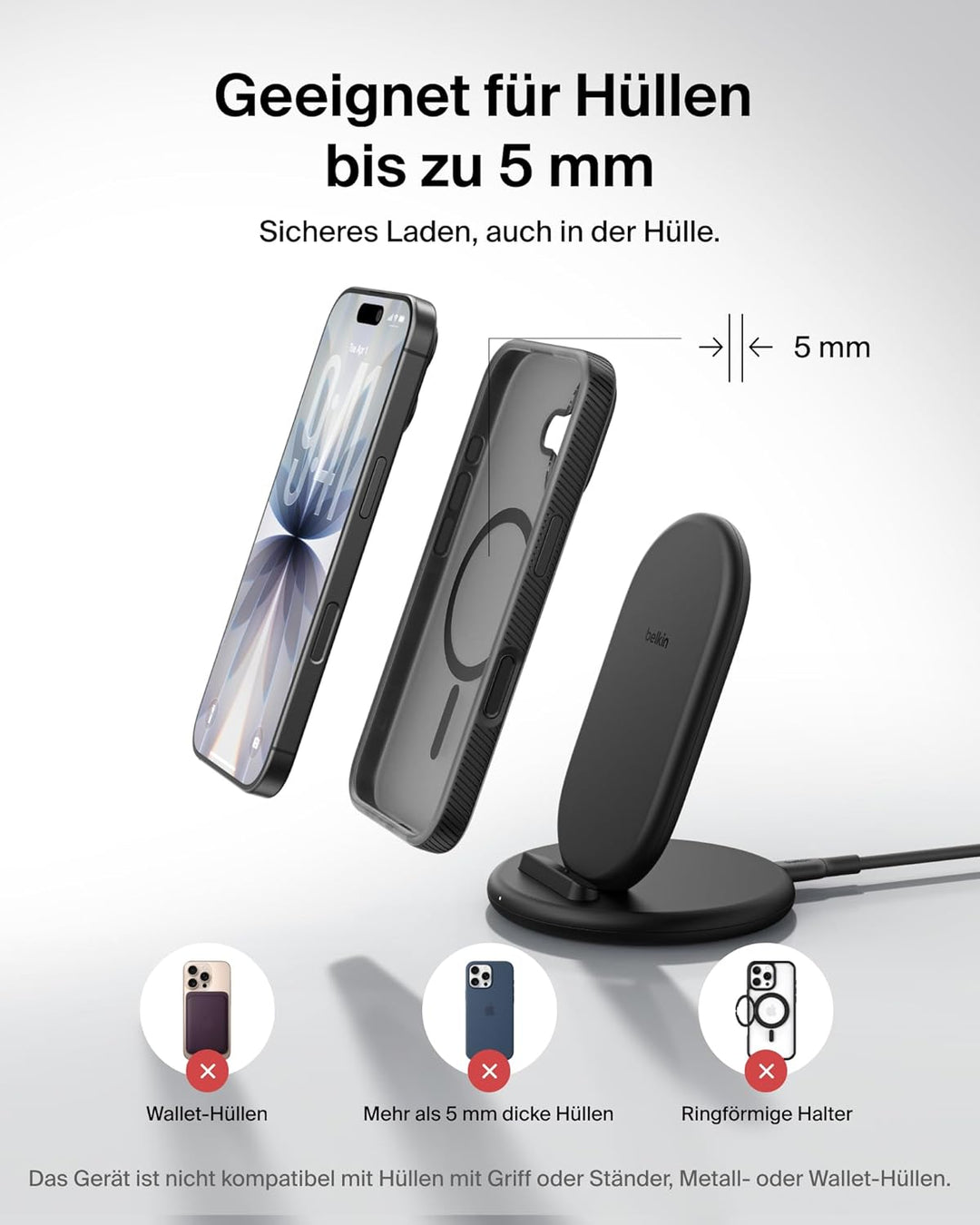 Belkin BoostCharge Induktive Ladestation, Wireless Charger Geeignet für Handyhüllen, Kabelloses Lade