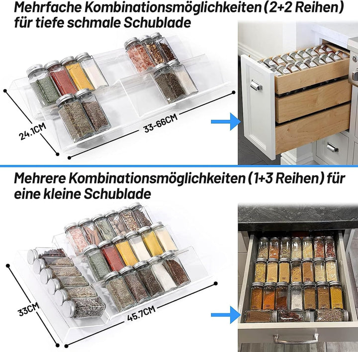 Viymgit Gewürzregal Schublade Organizer mit 28 Gewürzgläser, 348 Gewürzetiketten, 4-stöckiges Klares
