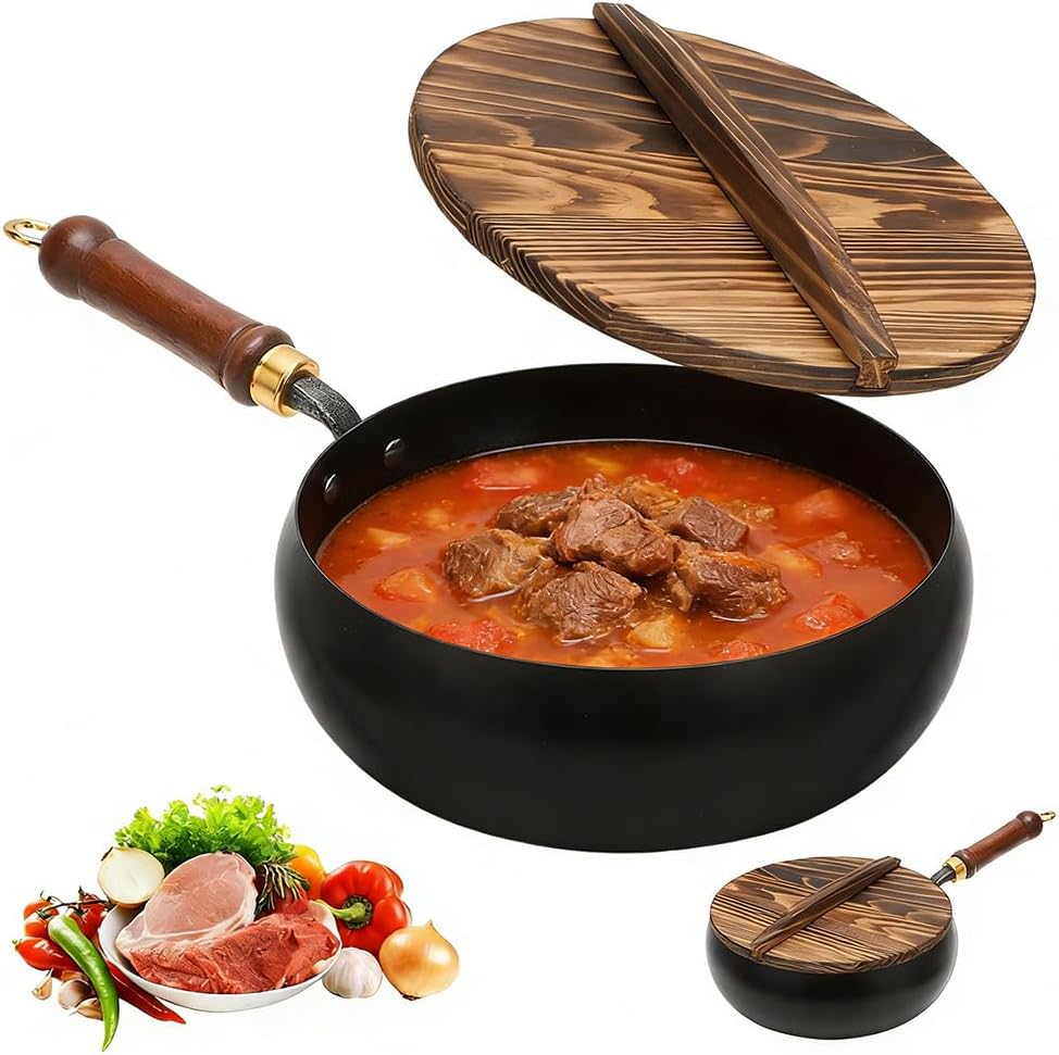 Handgeschmiedete Eisenpfanne mit Deckel, Unbeschichteter Big Belly Topf, Induktionstauglich, Eisen B