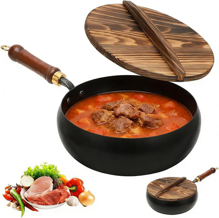 Handgeschmiedete Eisenpfanne mit Deckel, Unbeschichteter Big Belly Topf, Induktionstauglich, Eisen B