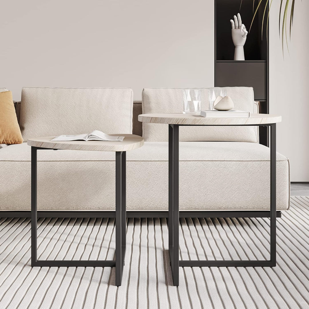 HOJINLINERO Couchtisch Rund 2 er Set,Beistelltisch Set,Sofatisch,Kaffeetisch,Metall Untergestell und