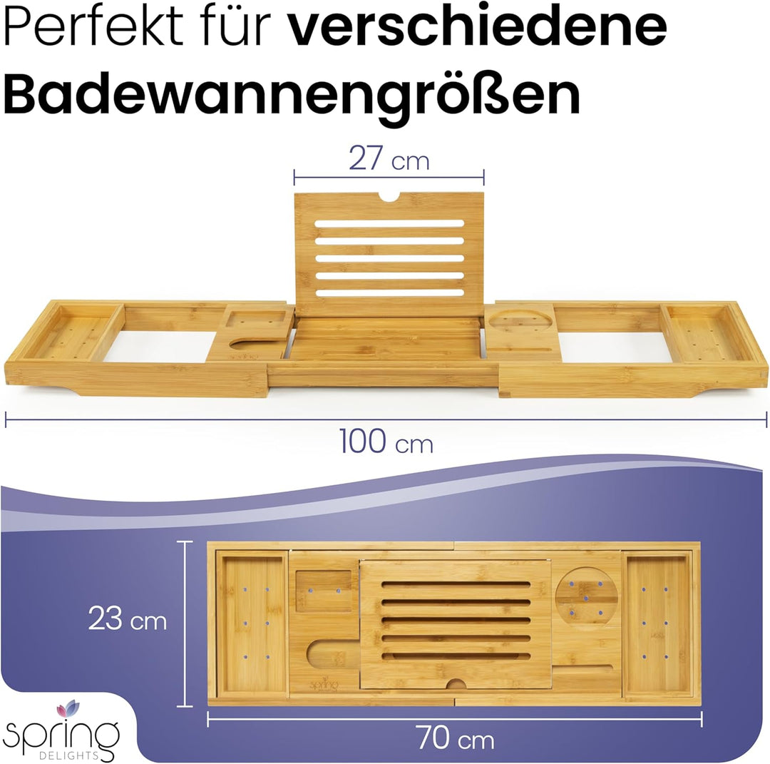 Badewannen-Set: Luxus Bambus Badewannenablage &amp; Ergonomisches Badewannenkissen - Weinglashalter, Tab