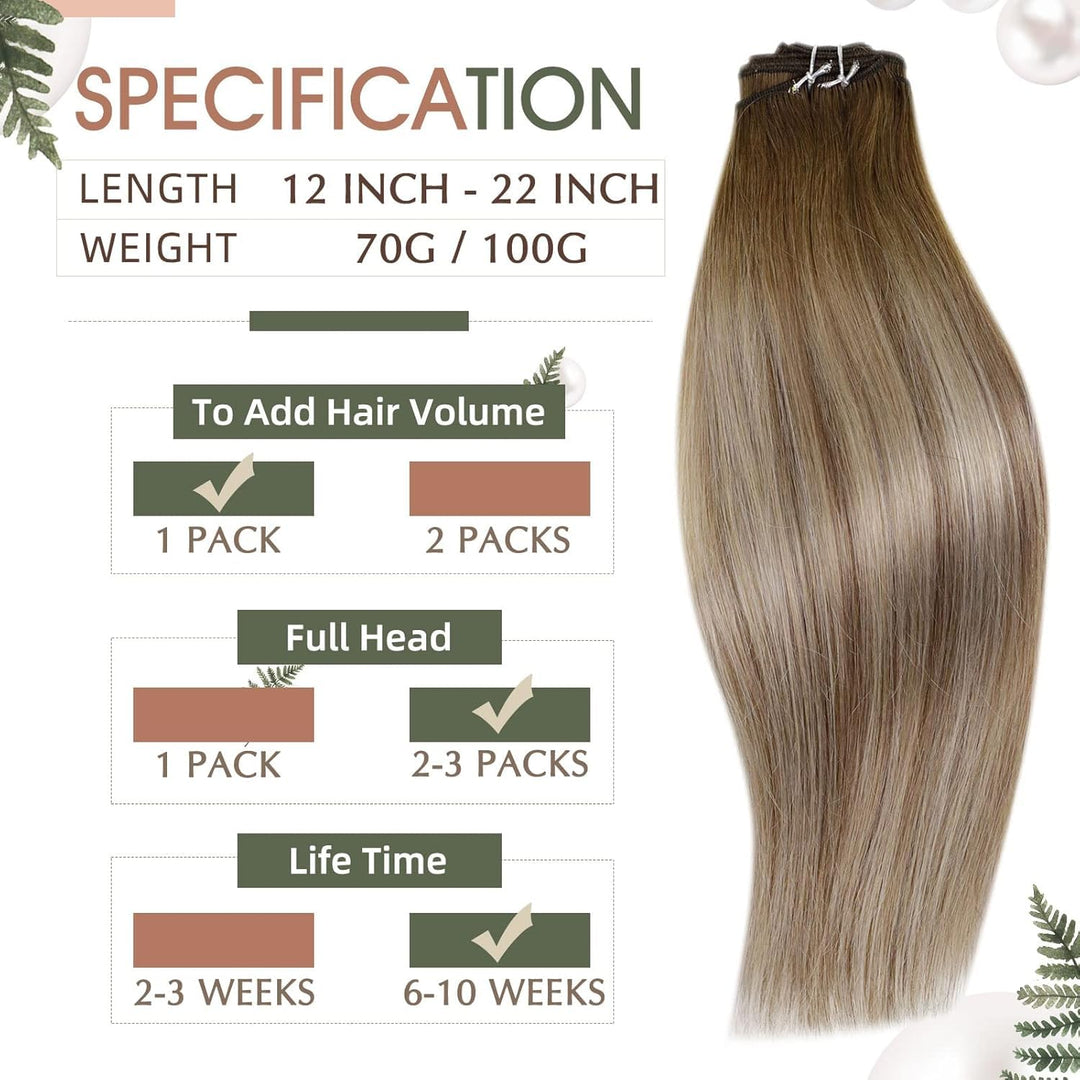 RUNATURE Weave Tressen Echthaar Extensions Balayage Dunkelbraun mit Aschbraun und Mittelblond Ombre