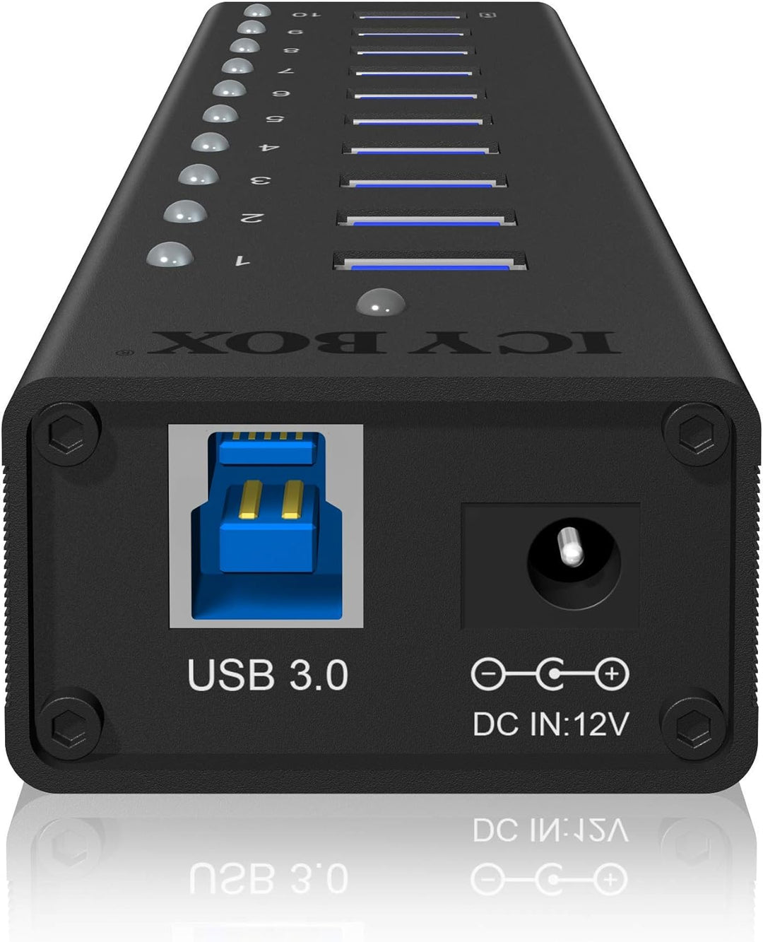 ICY BOX IB-AC6110 10-fach USB 3.0 Hub mit Netzteil (12V/4A), Ladeport, Voll-Aluminium, Klettbefestig