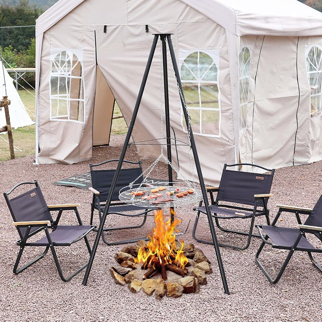 Dreibein Schwenkgrill 150 cm, Ø 48 cm 304 Edelstahl Grillplatte | Mit Kurbel &amp; Kette, Höhenverstellb