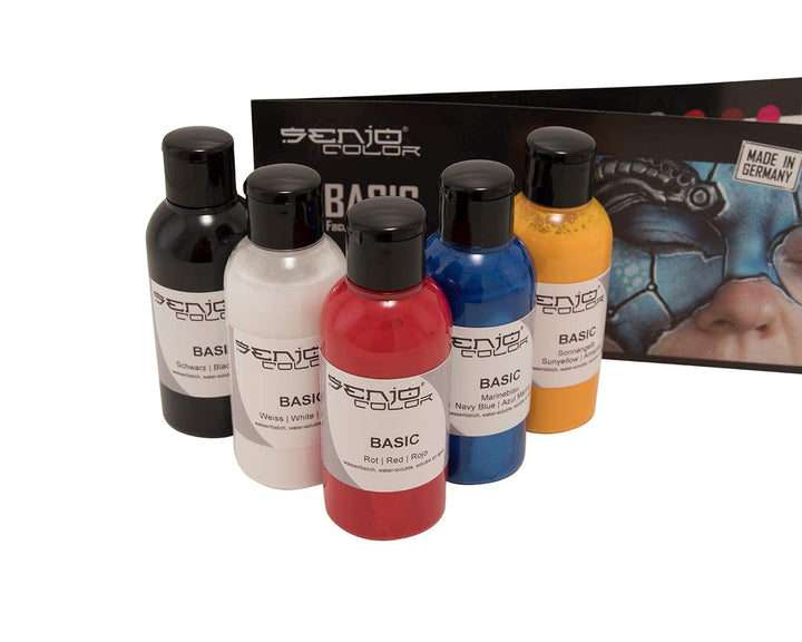Senjo Color Basic Pinsel & Airbrush Bodypainting Farben Set 5 x 75ml Schwarz, Weiss, Rot, Gelb, Blau