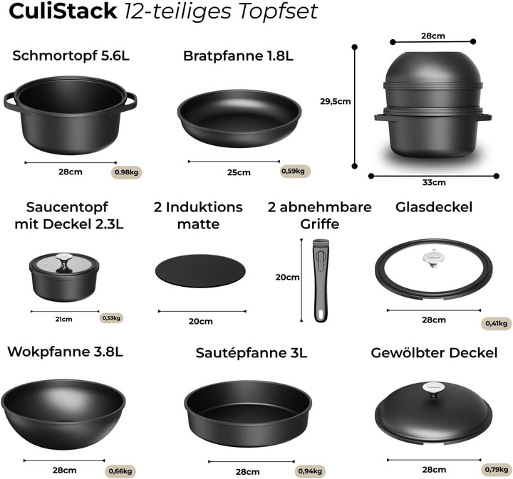 Pro Topf und Pfannenset 12-teilig Induktion, Abnehmbarer Griff, Stapelbar, Platzsparend, Backofenfes