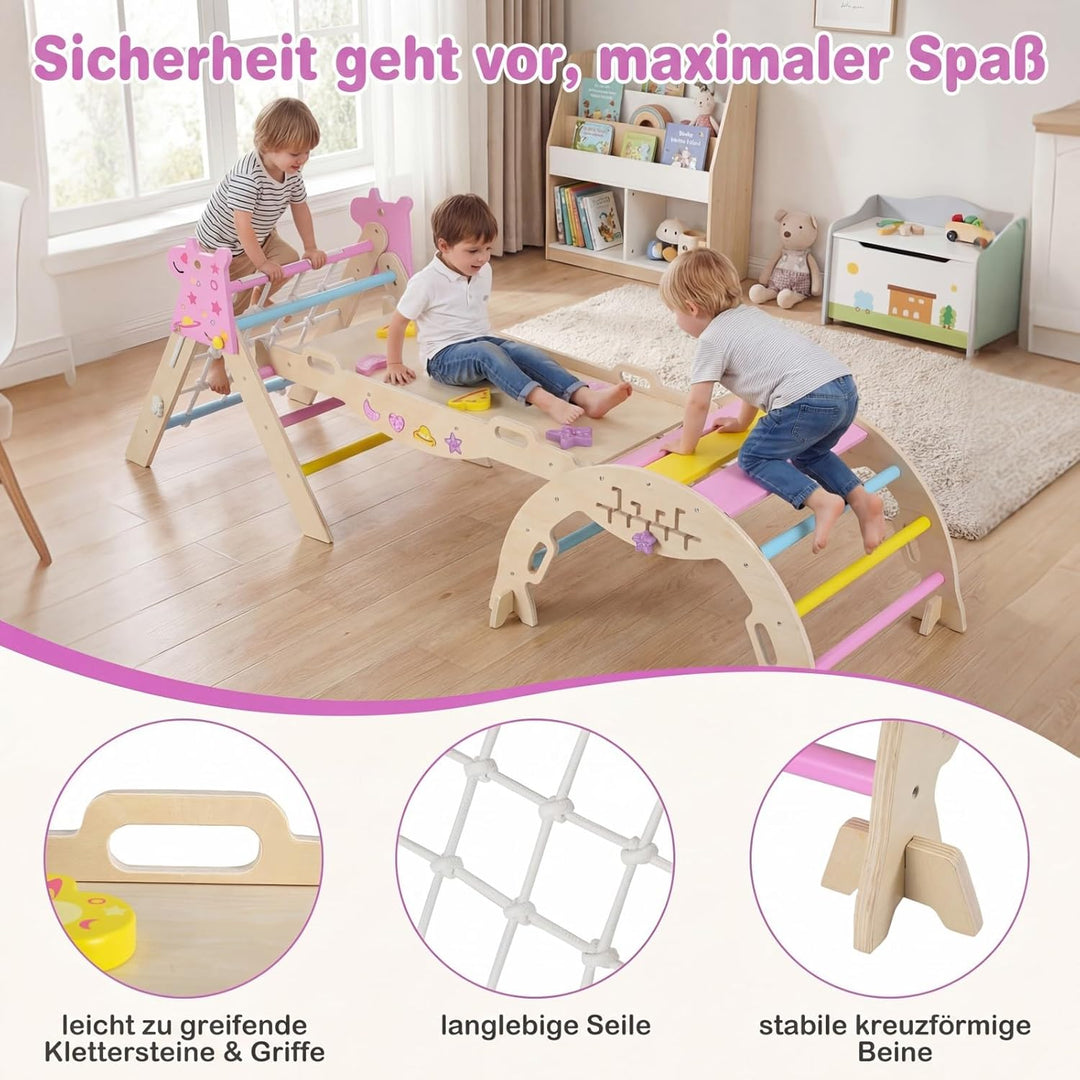 GOPLUS 8-in-1 Klettergerüst Indoor, Kletterdreieck Holz, 4er Set Kletterspielzeug mit Kletternetz, K