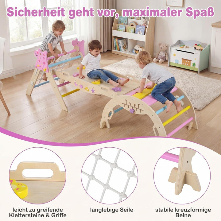 GOPLUS 8-in-1 Klettergerüst Indoor, Kletterdreieck Holz, 4er Set Kletterspielzeug mit Kletternetz, K