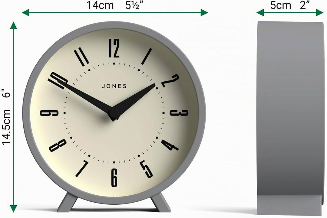 JONES CLOCKS® Venus schreibtischuhr | Modernes rundes Design | Grau | Stilvoller retrolook für Regal