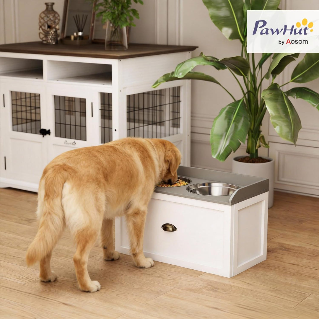 PawHut Hundenapf mit Schublade, 2 x 2L Futternapf, erhöhter Fressnapf, Edelstahlnapf, Futterstation
