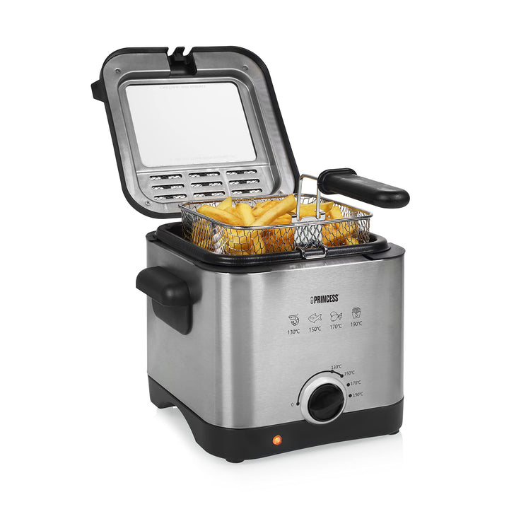 Princess Mini-Fritteuse 182612 – 1,5 L – 1000 W – für 400 g Pommes frites, Silber, Schwarz