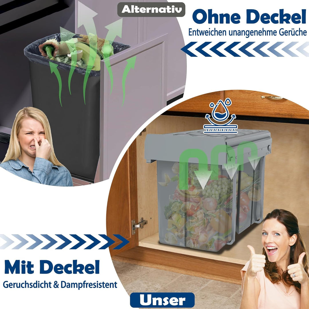Grau 2 x 20L Einbaumülleimer Mülltrennsystem Ausziehbar Mehrfachbehälter Abfallsammler Schrankmüllei