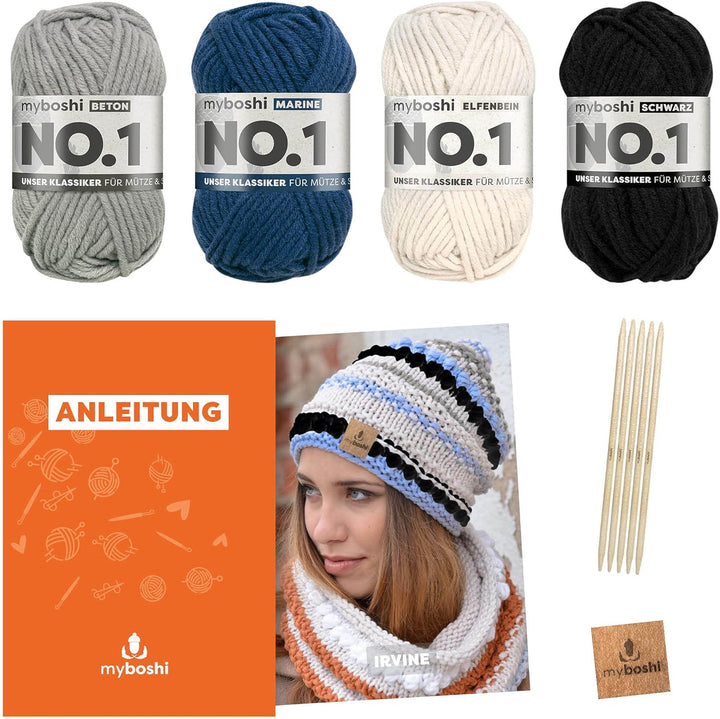 myboshi Strickset Mütze Irvine, Strickpaket für Fortgeschrittene, inkl. No.1 Wolle, Nadel, Anleitung