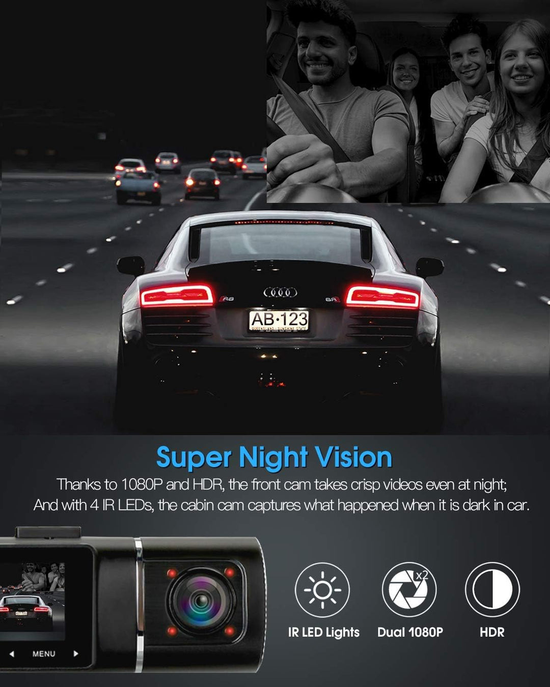Abask J05 Dashcam Auto 1080P Dash Cam Vorne Innen mit 32GB SD-Karte, 310° Weitwinkelansicht, Autokam