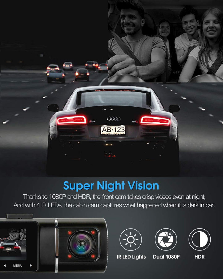 Abask J05 Dashcam Auto 1080P Dash Cam Vorne Innen mit 32GB SD-Karte, 310° Weitwinkelansicht, Autokam