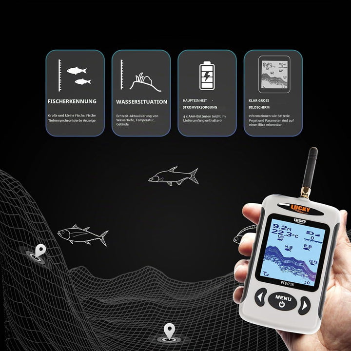 LUCKY Drahtloser Fischfinder Sonarsensor Tragbarer Sonar Fischfinder LCD Display Tiefenmesser zum An
