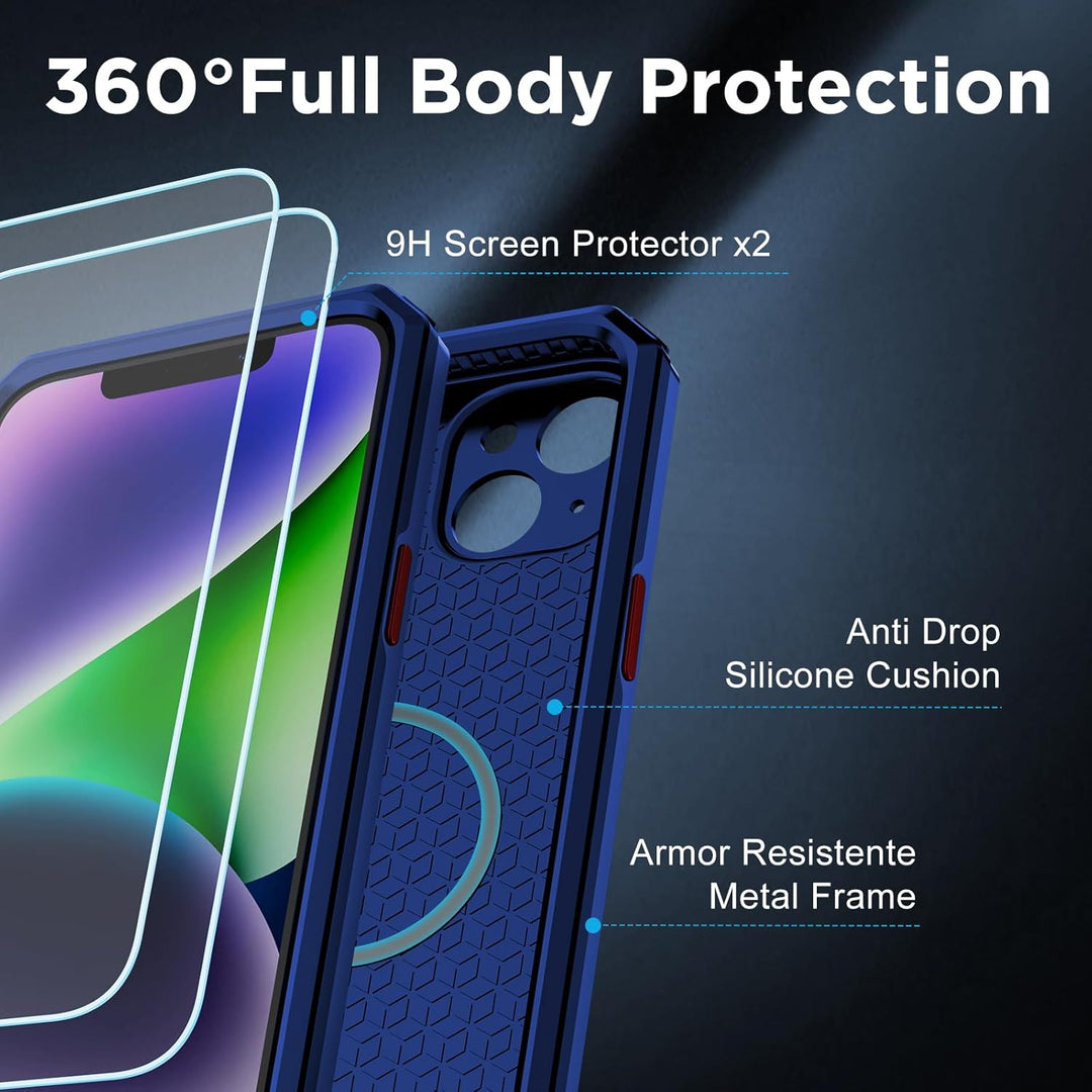 WIFORT Magnetisch Metall Hülle für iPhone 14 Plus Kompatibel mit MagSafe, mit 2 Stück Schutzglas, Mi