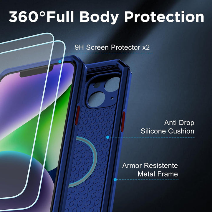 WIFORT Magnetisch Metall Hülle für iPhone 14 Plus Kompatibel mit MagSafe, mit 2 Stück Schutzglas, Mi