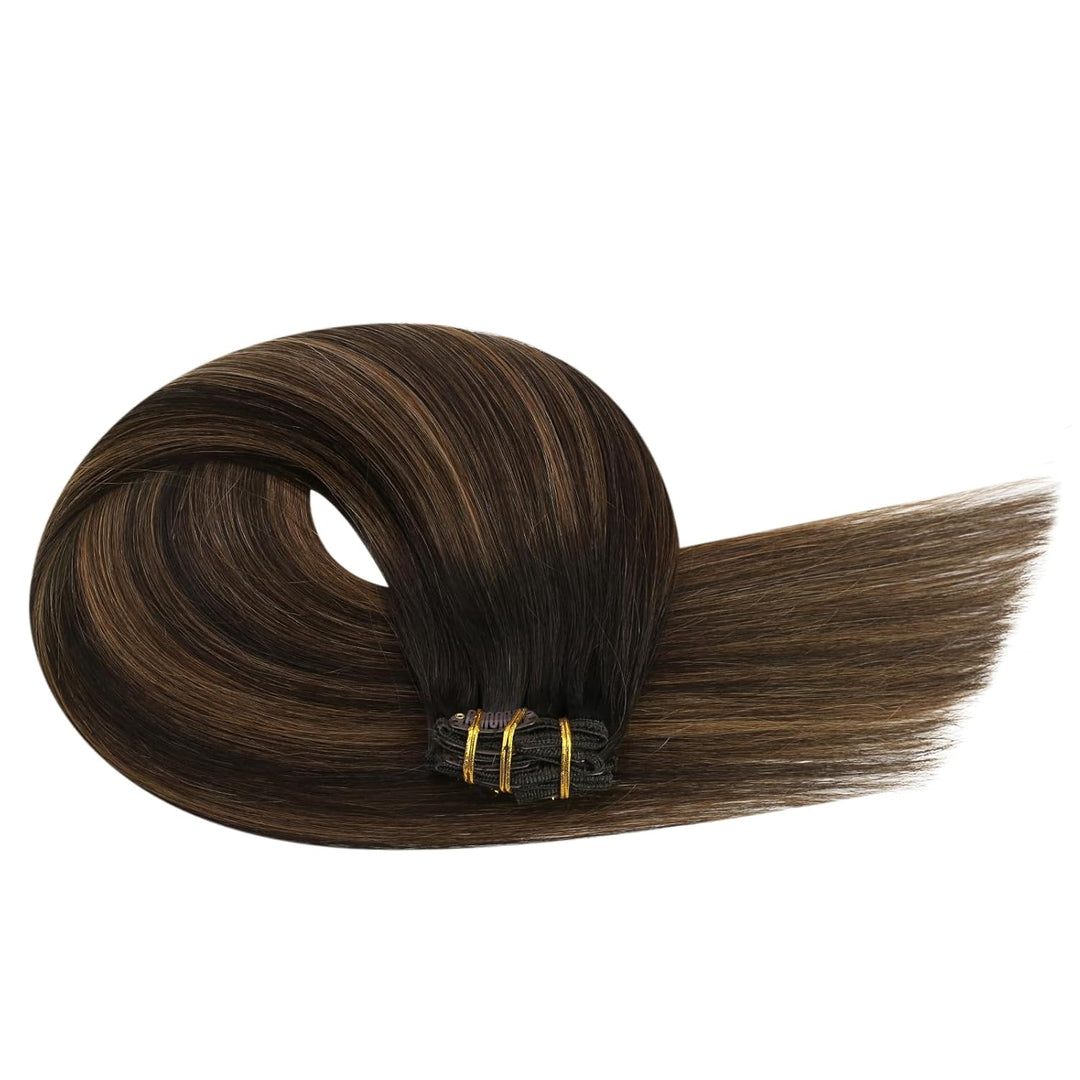 Ugeat Clip in Extensions Echthaar Balayage 35cm 120g Dunkelbraun Bis Kastanienbraun Doppelt Weft Ech